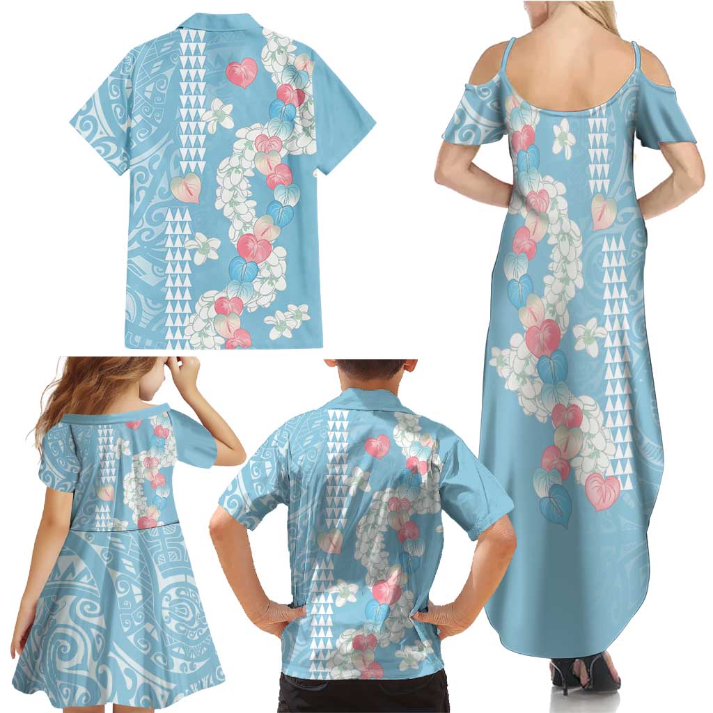 Blue Hawaii Anthurium Plumeria Lei Family Matching Summer Maxi Dress and Hawaiian Shirt