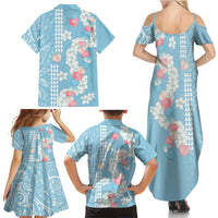 Blue Hawaii Anthurium Plumeria Lei Family Matching Summer Maxi Dress and Hawaiian Shirt