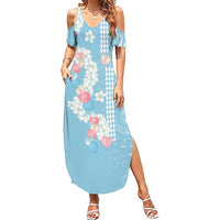 Blue Hawaii Anthurium Plumeria Lei Family Matching Summer Maxi Dress and Hawaiian Shirt