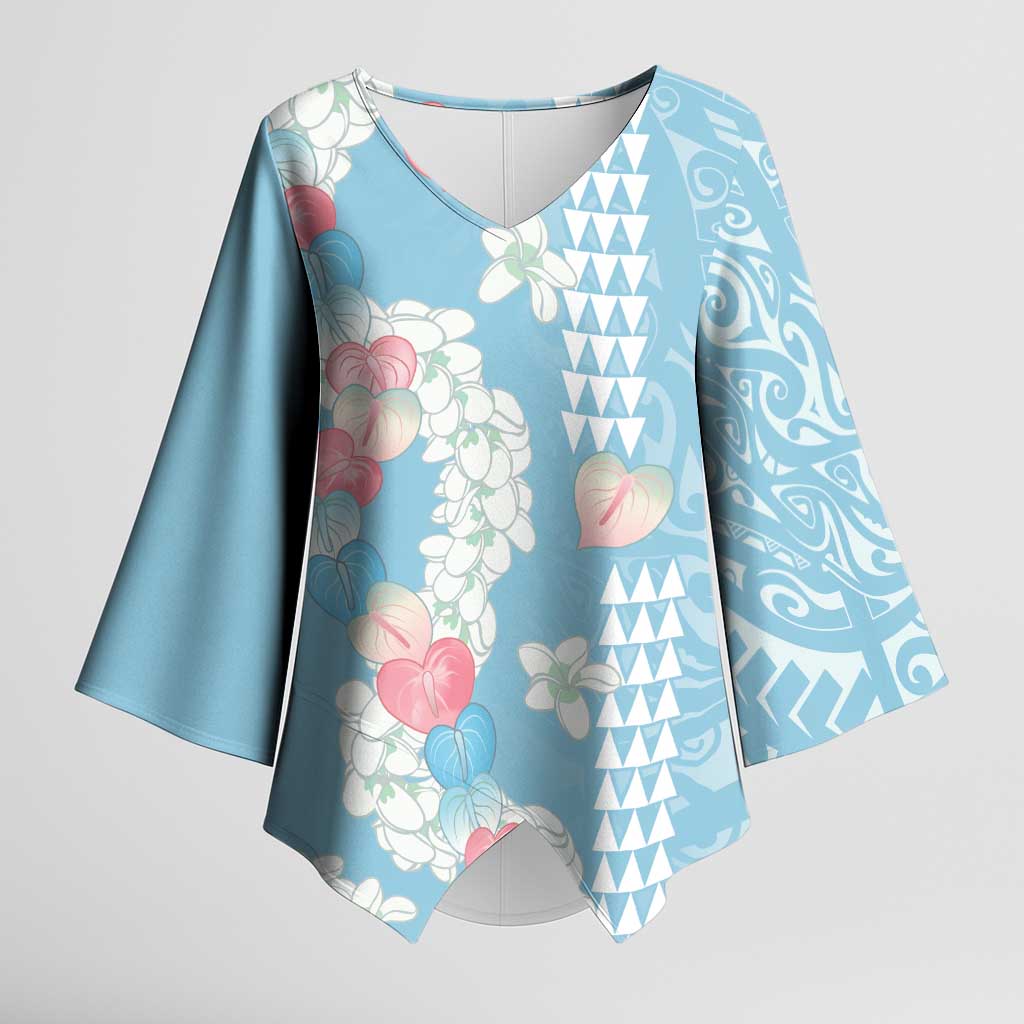 Blue Hawaii Anthurium Plumeria Lei Kimono Sleeve Blouse
