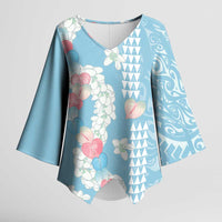 Blue Hawaii Anthurium Plumeria Lei Kimono Sleeve Blouse