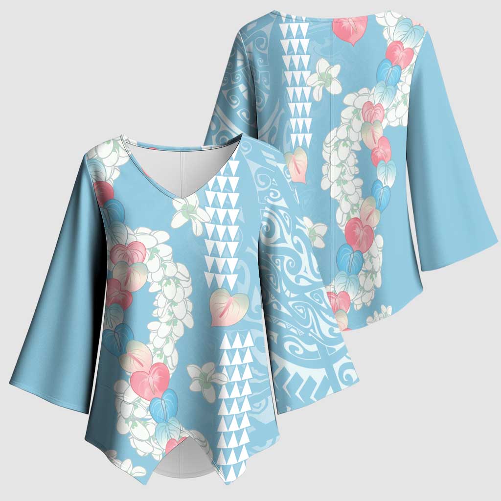 Blue Hawaii Anthurium Plumeria Lei Kimono Sleeve Blouse