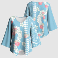 Blue Hawaii Anthurium Plumeria Lei Kimono Sleeve Blouse