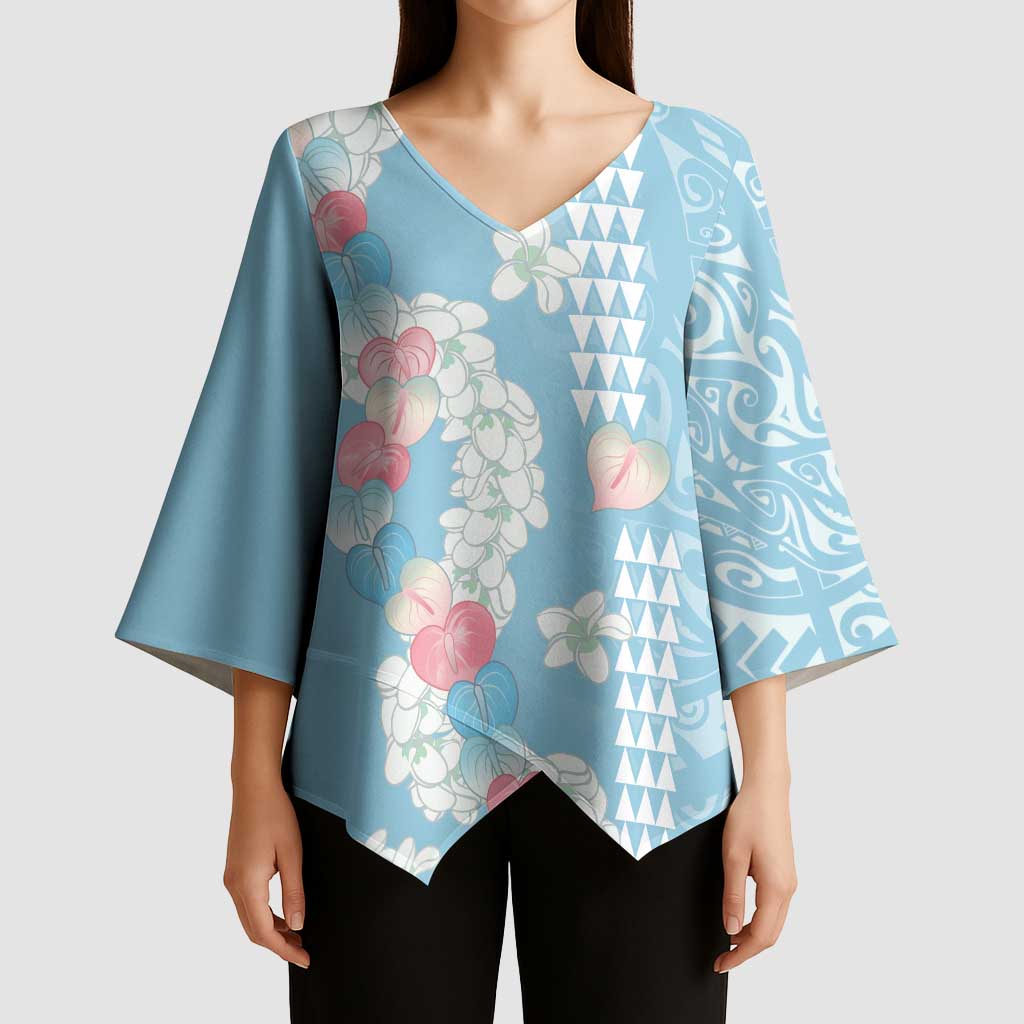 Blue Hawaii Anthurium Plumeria Lei Kimono Sleeve Blouse
