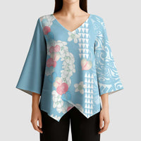 Blue Hawaii Anthurium Plumeria Lei Kimono Sleeve Blouse