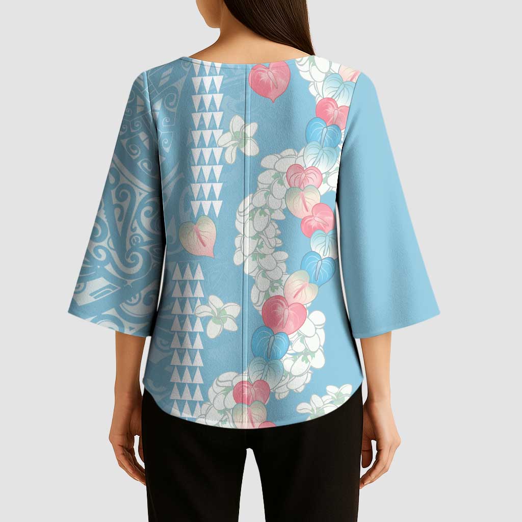 Blue Hawaii Anthurium Plumeria Lei Kimono Sleeve Blouse