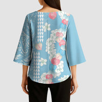 Blue Hawaii Anthurium Plumeria Lei Kimono Sleeve Blouse