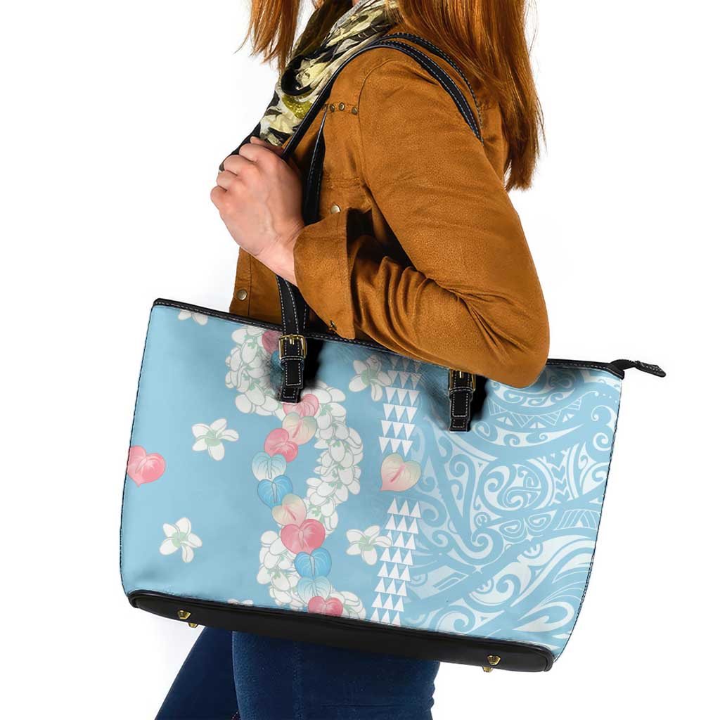 Blue Hawaii Anthurium Plumeria Lei Leather Tote Bag