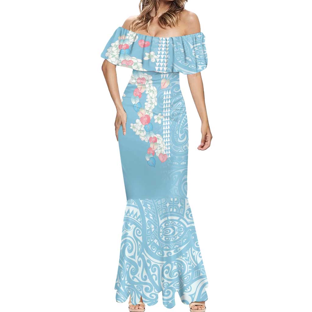 Blue Hawaii Anthurium Plumeria Lei Mermaid Dress