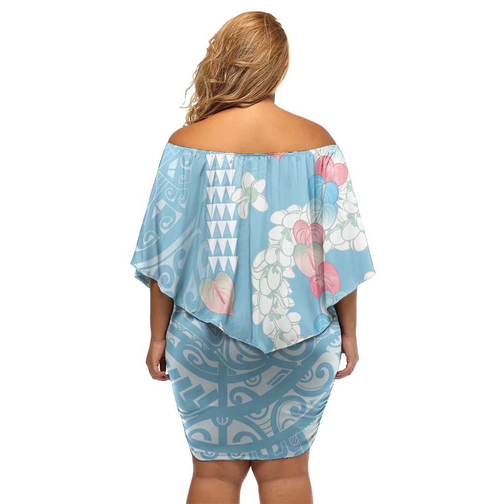 Blue Hawaii Anthurium Plumeria Lei Off Shoulder Short Dress