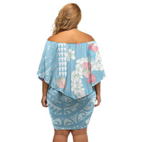 Blue Hawaii Anthurium Plumeria Lei Off Shoulder Short Dress