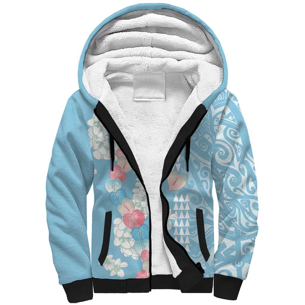 Blue Hawaii Anthurium Plumeria Lei Sherpa Hoodie LT9 Unisex Blue - Polynesian Pride