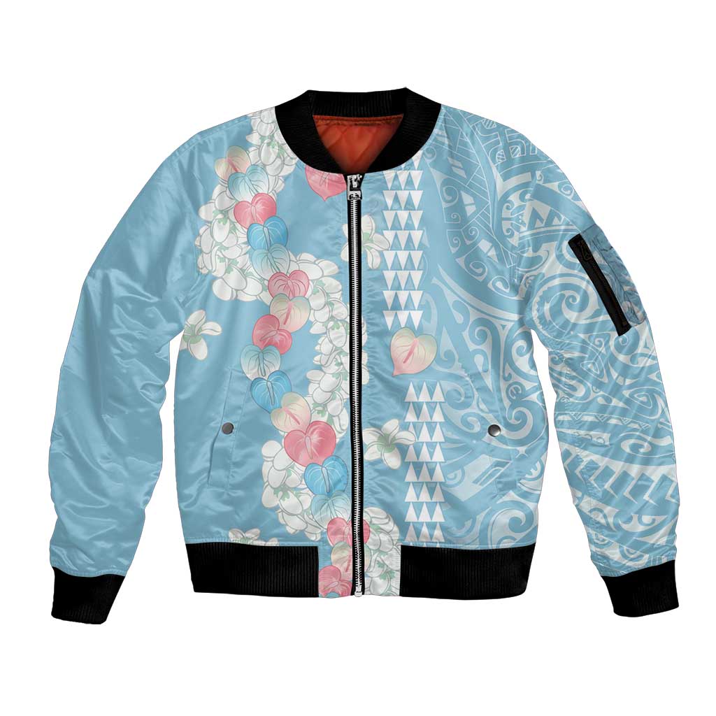 Blue Hawaii Anthurium Plumeria Lei Sleeve Zip Bomber Jacket LT9 Unisex Blue - Polynesian Pride