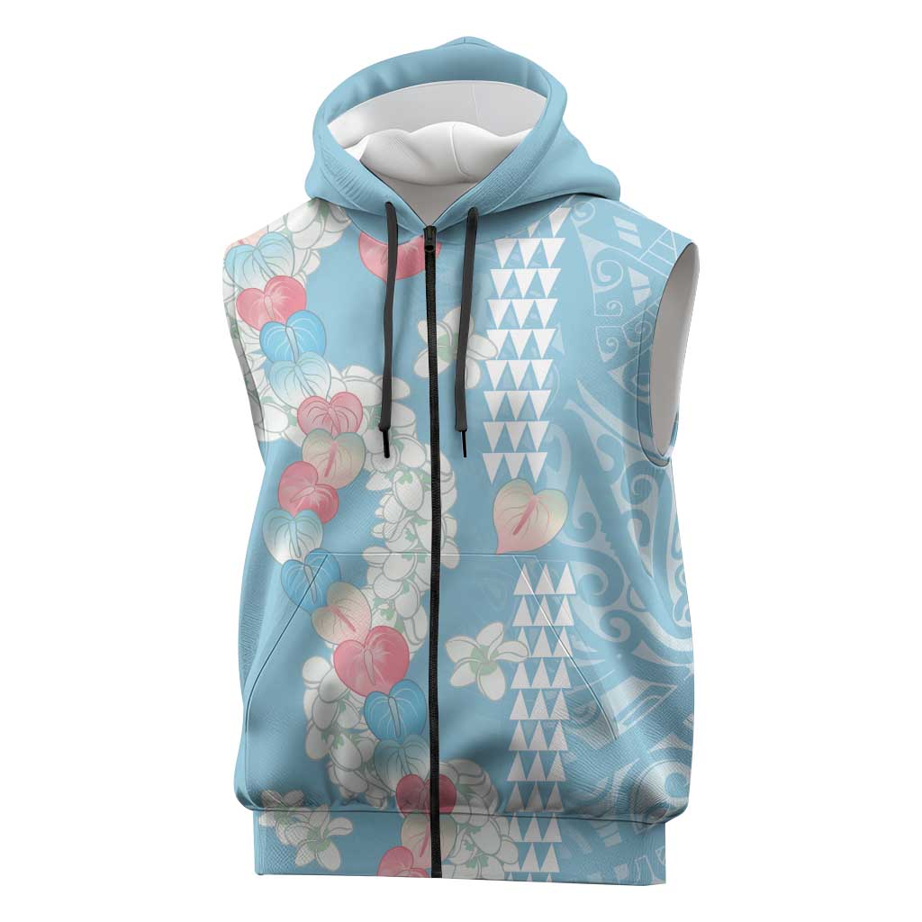 Blue Hawaii Anthurium Plumeria Lei Sleeveless Zip Hoodie LT9 Blue - Polynesian Pride