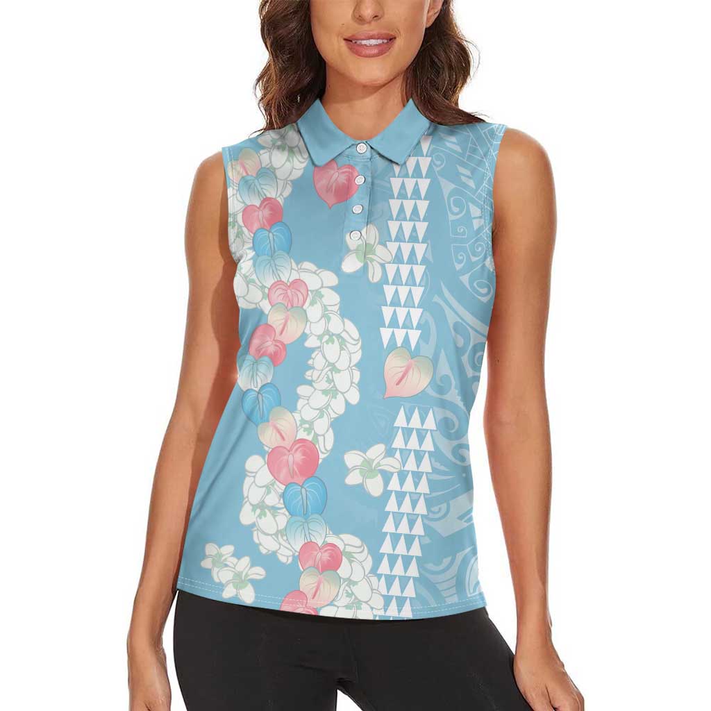 Blue Hawaii Anthurium Plumeria Lei Women Sleeveless Polo Shirt