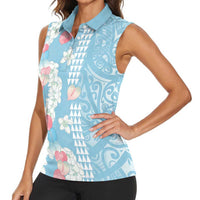 Blue Hawaii Anthurium Plumeria Lei Women Sleeveless Polo Shirt