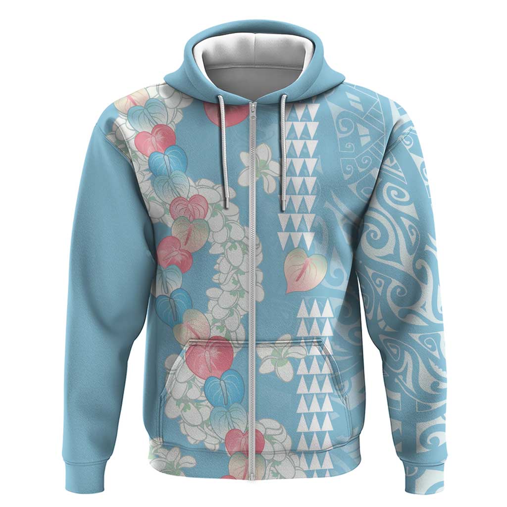 Blue Hawaii Anthurium Plumeria Lei Zip Hoodie LT9 Zip Hoodie Blue - Polynesian Pride
