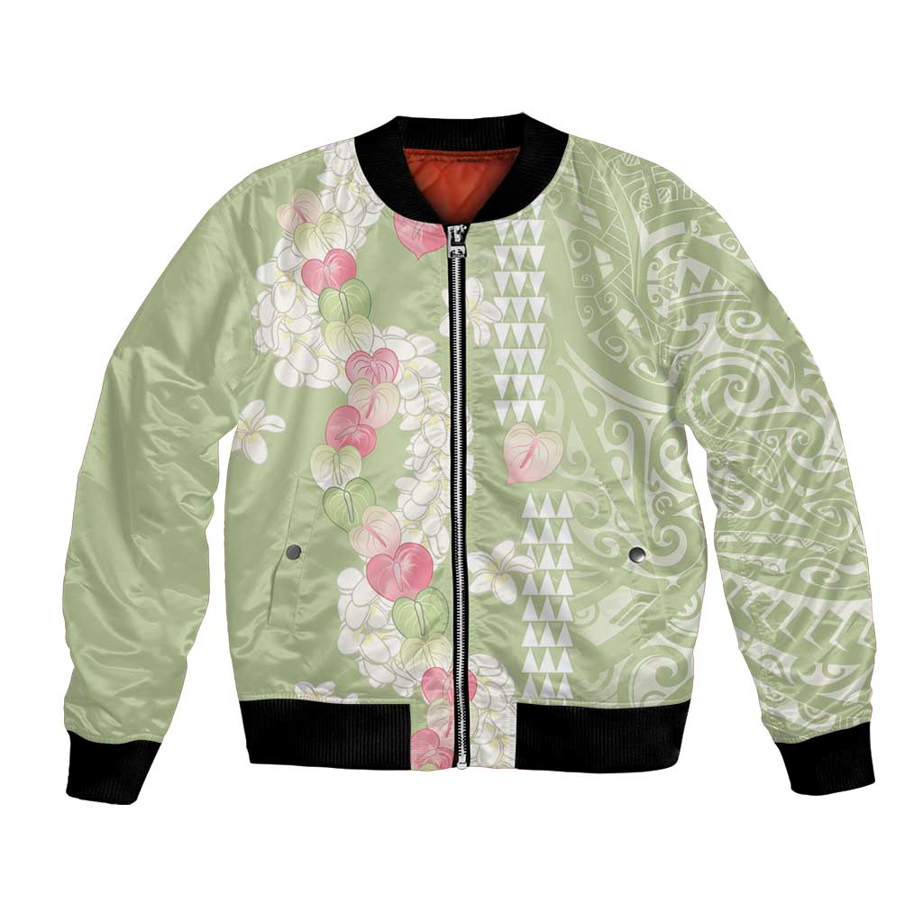 Leaf Green Hawaii Anthurium Plumeria Lei Bomber Jacket LT9 Unisex Green - Polynesian Pride