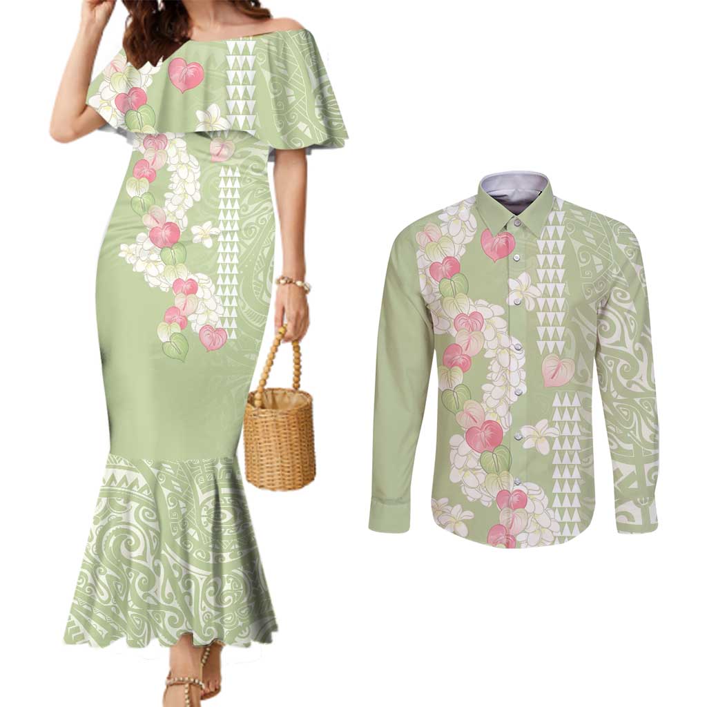 Leaf Green Hawaii Anthurium Plumeria Lei Couples Matching Mermaid Dress and Long Sleeve Button Shirt LT9 Green - Polynesian Pride