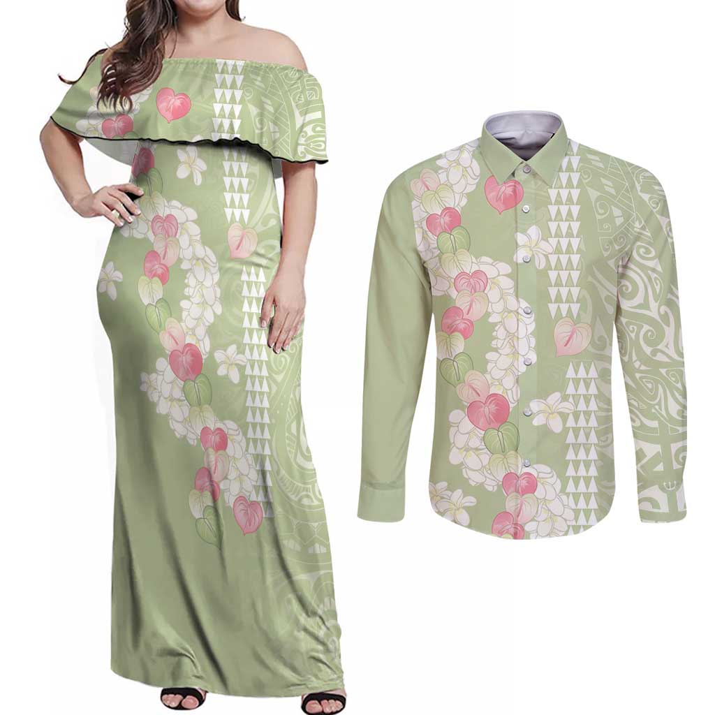 Leaf Green Hawaii Anthurium Plumeria Lei Couples Matching Off Shoulder Maxi Dress and Long Sleeve Button Shirt LT9 Green - Polynesian Pride