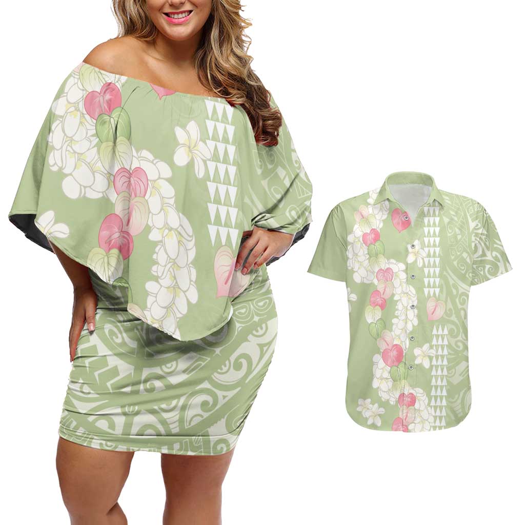Leaf Green Hawaii Anthurium Plumeria Lei Couples Matching Off Shoulder Short Dress and Hawaiian Shirt LT9 Green - Polynesian Pride