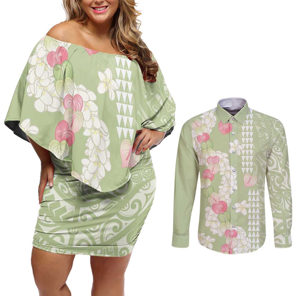 Leaf Green Hawaii Anthurium Plumeria Lei Couples Matching Off Shoulder Short Dress and Long Sleeve Button Shirt LT9 Green - Polynesian Pride