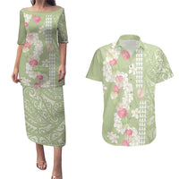 Leaf Green Hawaii Anthurium Plumeria Lei Couples Matching Puletasi and Hawaiian Shirt LT9 Green - Polynesian Pride