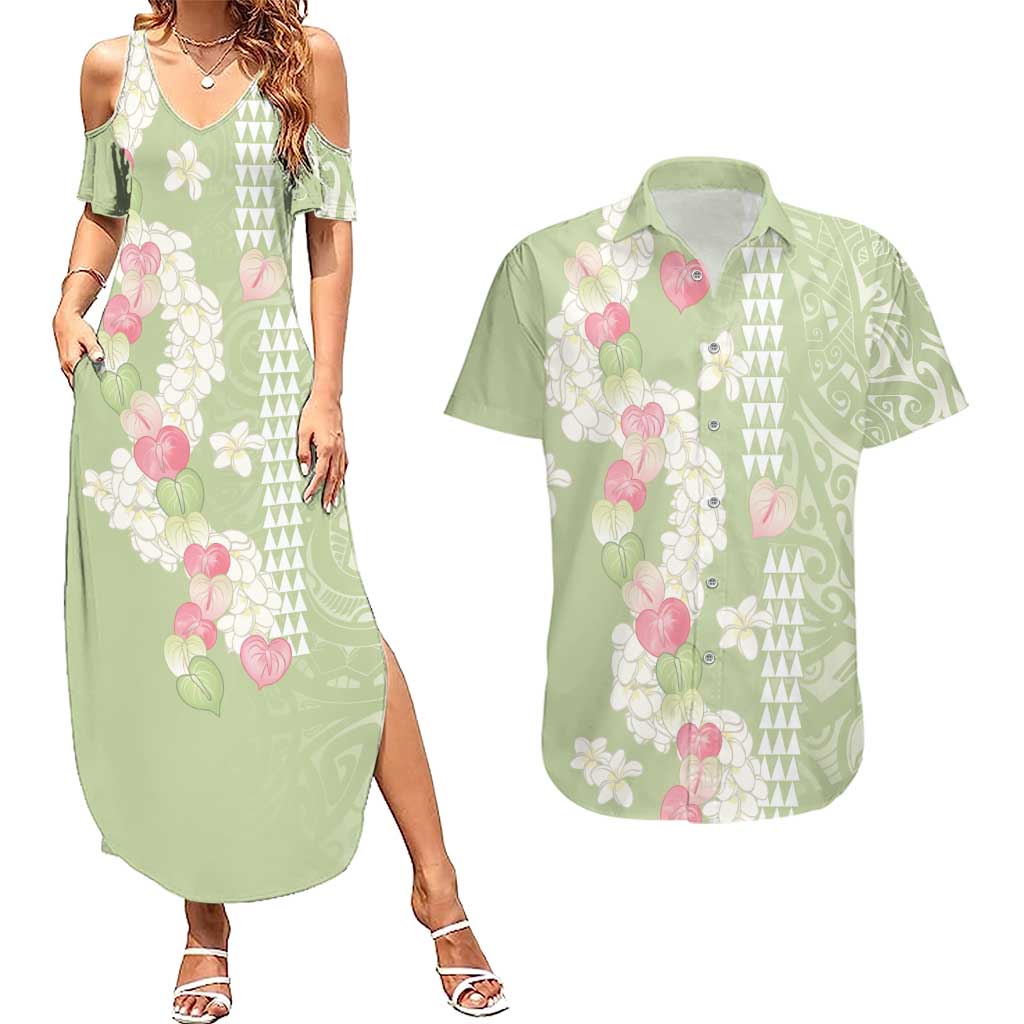 Leaf Green Hawaii Anthurium Plumeria Lei Couples Matching Summer Maxi Dress and Hawaiian Shirt LT9 Green - Polynesian Pride