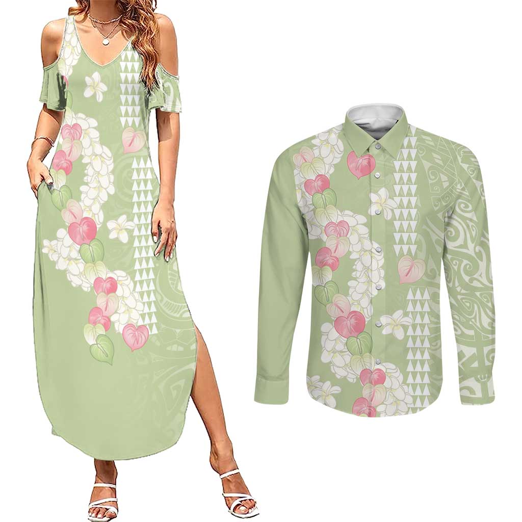 Leaf Green Hawaii Anthurium Plumeria Lei Couples Matching Summer Maxi Dress and Long Sleeve Button Shirt LT9 Green - Polynesian Pride