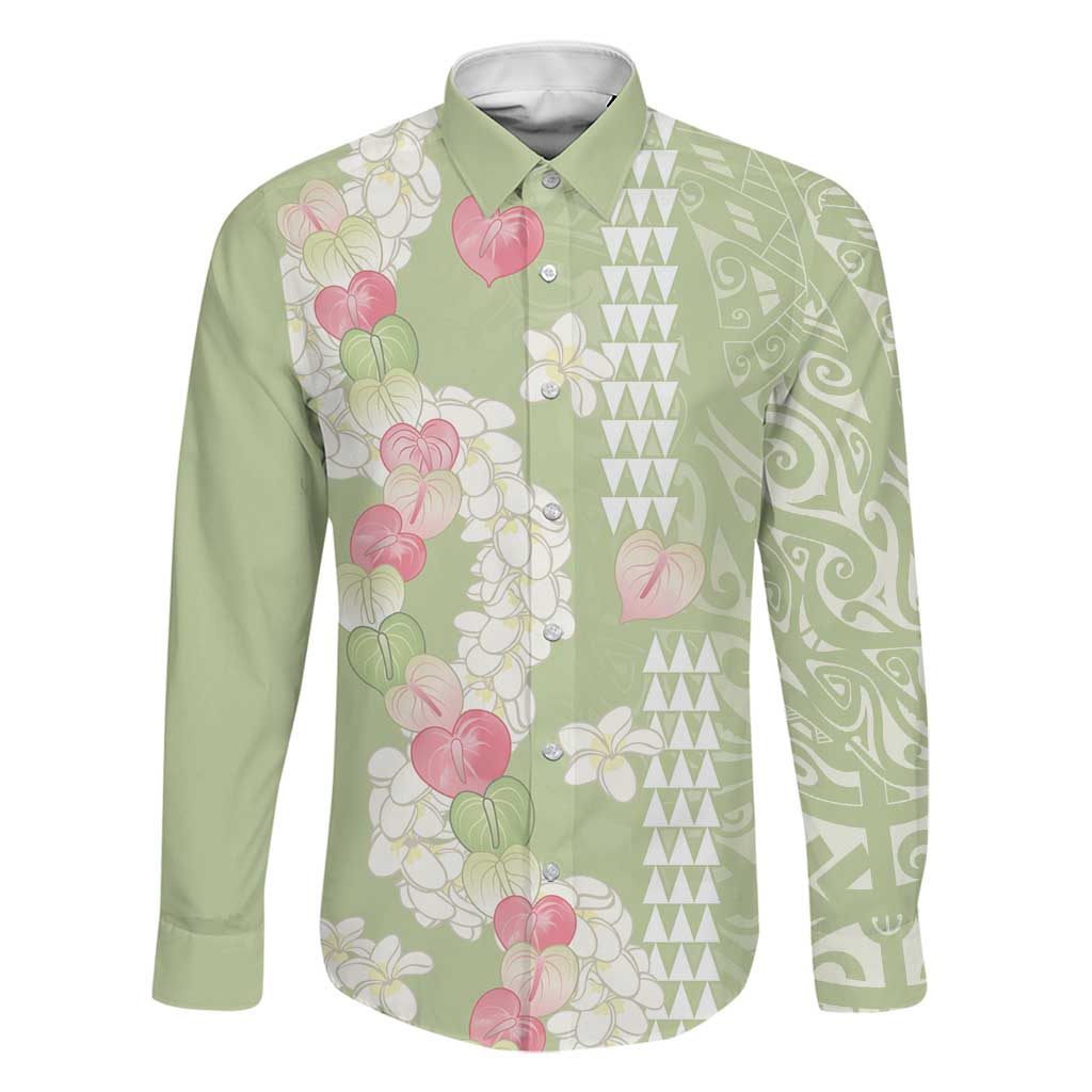 Leaf Green Hawaii Anthurium Plumeria Lei Family Matching Off Shoulder Maxi Dress and Hawaiian Shirt LT9 Dad's Shirt - Long Sleeve Green - Polynesian Pride