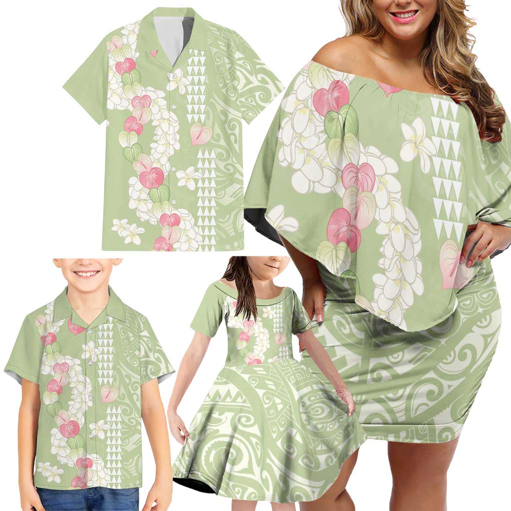 Leaf Green Hawaii Anthurium Plumeria Lei Family Matching Off Shoulder Short Dress and Hawaiian Shirt LT9 - Polynesian Pride