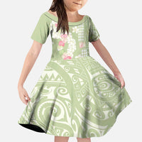Leaf Green Hawaii Anthurium Plumeria Lei Family Matching Short Sleeve Bodycon Dress and Hawaiian Shirt LT9 Daughter's Dress Green - Polynesian Pride