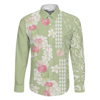 Leaf Green Hawaii Anthurium Plumeria Lei Family Matching Short Sleeve Bodycon Dress and Hawaiian Shirt LT9 Dad's Shirt - Long Sleeve Green - Polynesian Pride