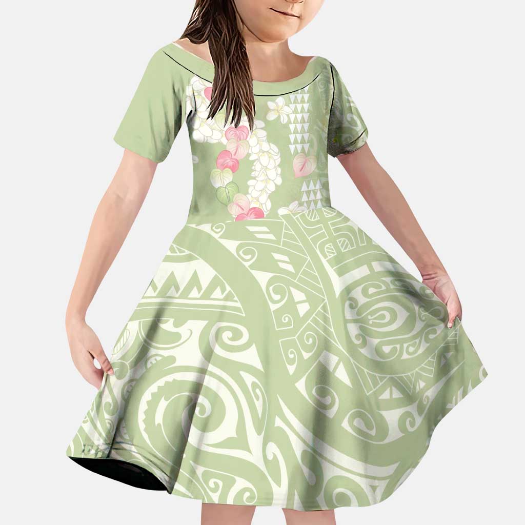 Leaf Green Hawaii Anthurium Plumeria Lei Family Matching Tank Maxi Dress and Hawaiian Shirt LT9 Daughter's Dress Green - Polynesian Pride