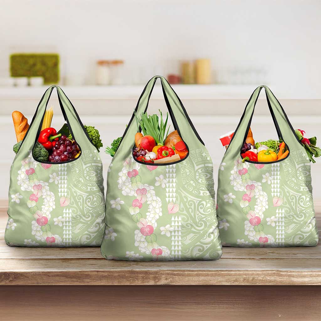 Leaf Green Hawaii Anthurium Plumeria Lei Grocery Bag LT9 3-pack One Size Green - Polynesian Pride