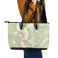 Leaf Green Hawaii Anthurium Plumeria Lei Leather Tote Bag LT9 - Polynesian Pride