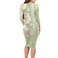 Leaf Green Hawaii Anthurium Plumeria Lei Long Sleeve Bodycon Dress LT9 - Polynesian Pride