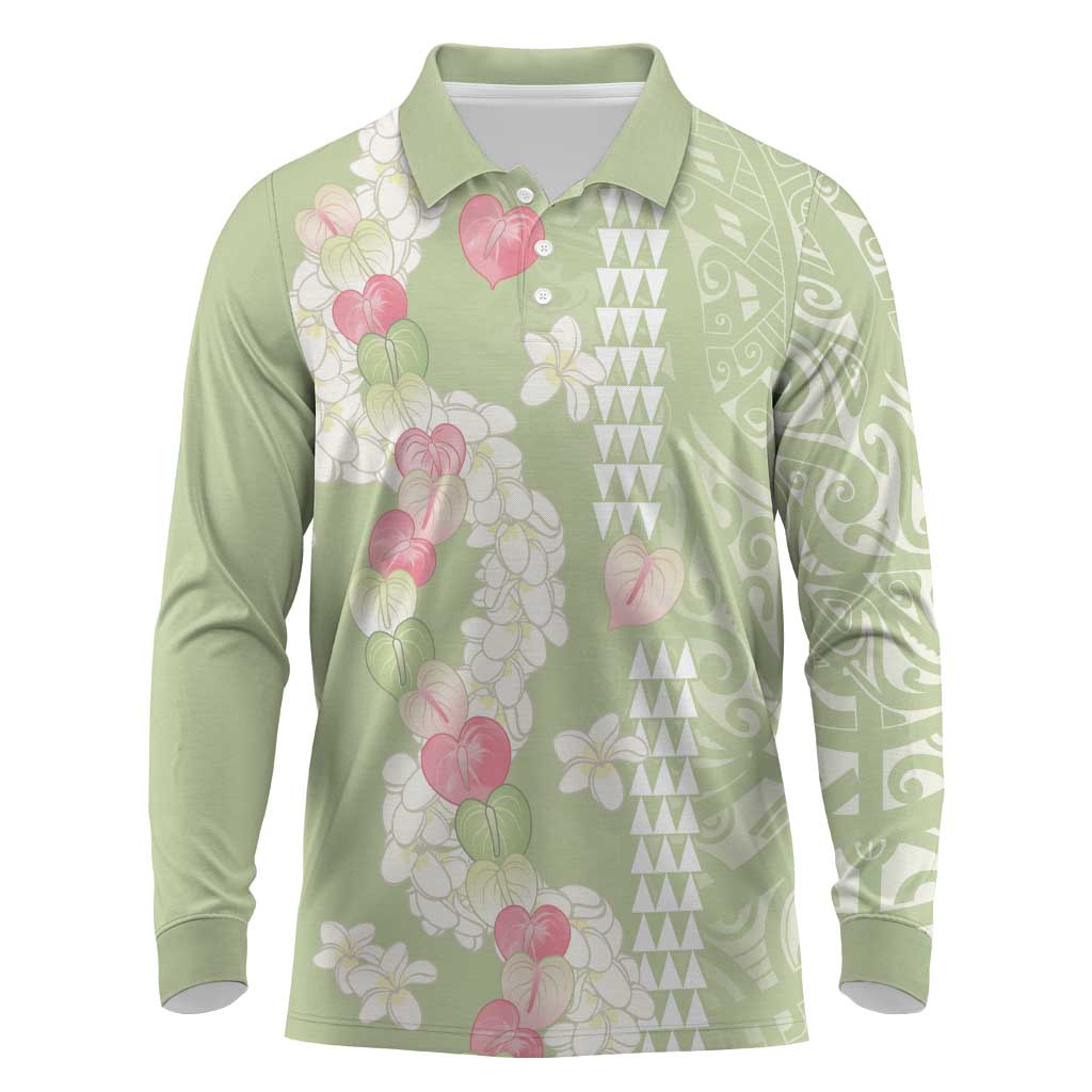 Leaf Green Hawaii Anthurium Plumeria Lei Long Sleeve Polo Shirt LT9 Green - Polynesian Pride