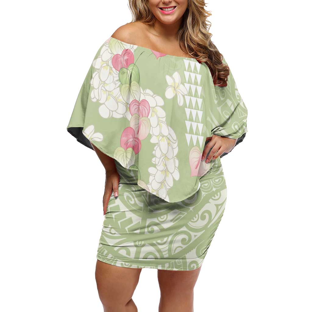 Leaf Green Hawaii Anthurium Plumeria Lei Off Shoulder Short Dress LT9 Women Green - Polynesian Pride