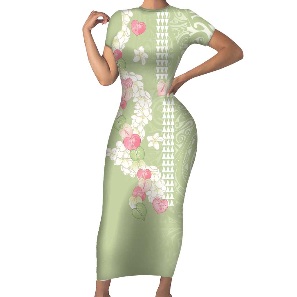 Leaf Green Hawaii Anthurium Plumeria Lei Short Sleeve Bodycon Dress LT9 Long Dress Green - Polynesian Pride