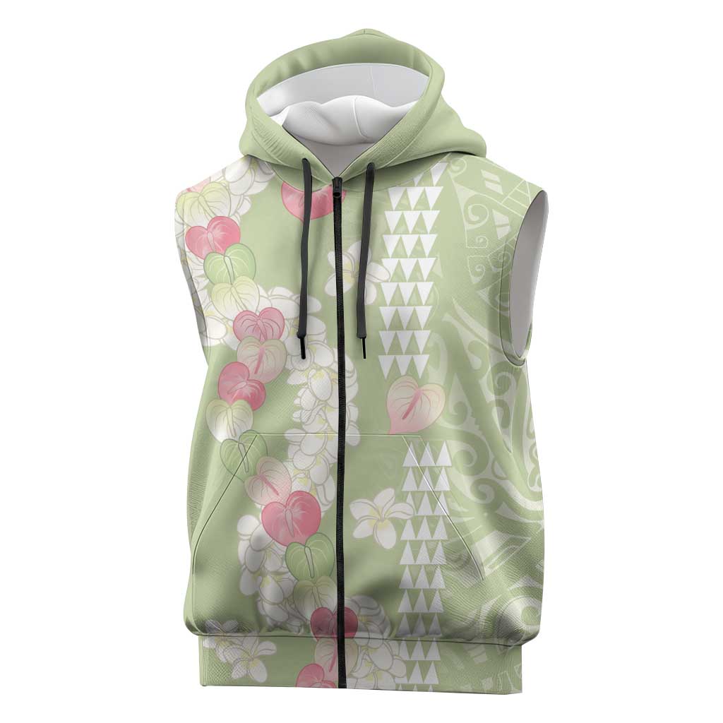 Leaf Green Hawaii Anthurium Plumeria Lei Sleeveless Zip Hoodie LT9 Green - Polynesian Pride