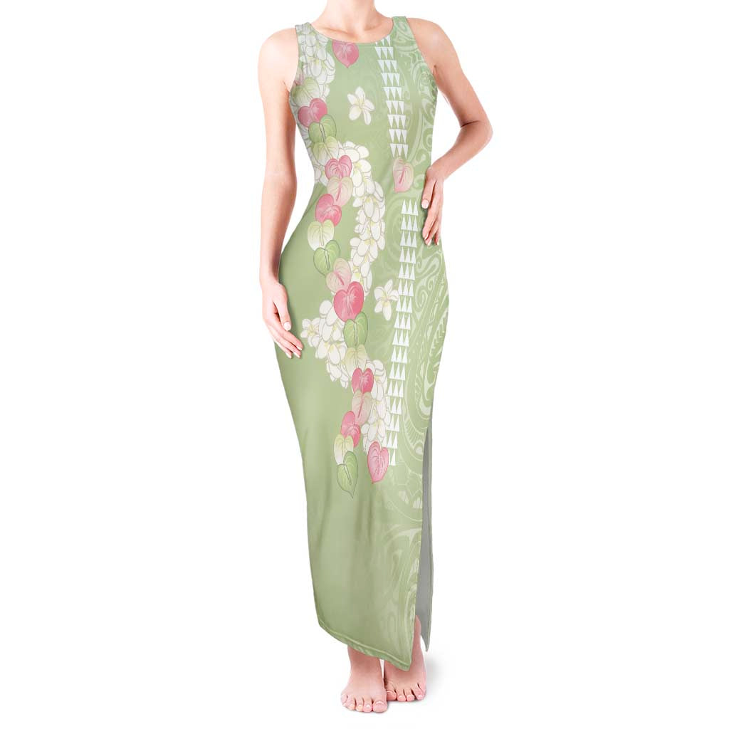 Leaf Green Hawaii Anthurium Plumeria Lei Tank Maxi Dress