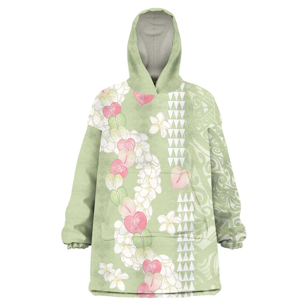 Leaf Green Hawaii Anthurium Plumeria Lei Wearable Blanket Hoodie LT9 One Size Green - Polynesian Pride
