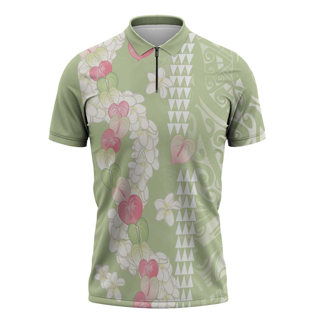 Leaf Green Hawaii Anthurium Plumeria Lei Zipper Polo Shirt LT9 Green - Polynesian Pride