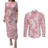 Soft Pink Hawaii Anthurium Plumeria Lei Couples Matching Puletasi and Long Sleeve Button Shirt