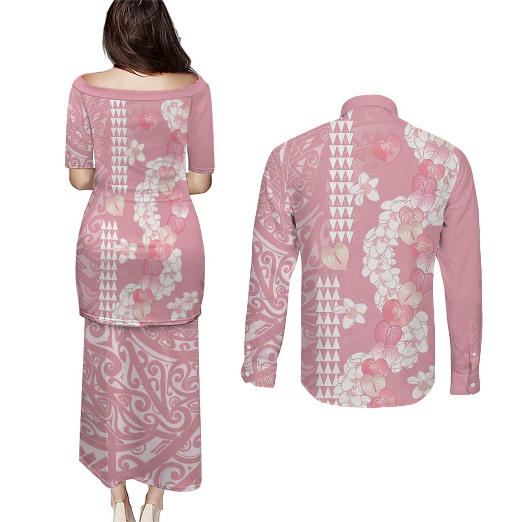 Soft Pink Hawaii Anthurium Plumeria Lei Couples Matching Puletasi and Long Sleeve Button Shirt