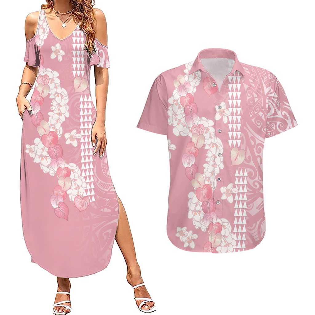 Soft Pink Hawaii Anthurium Plumeria Lei Couples Matching Summer Maxi Dress and Hawaiian Shirt