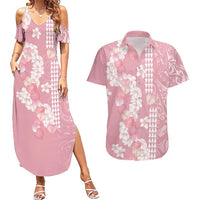 Soft Pink Hawaii Anthurium Plumeria Lei Couples Matching Summer Maxi Dress and Hawaiian Shirt