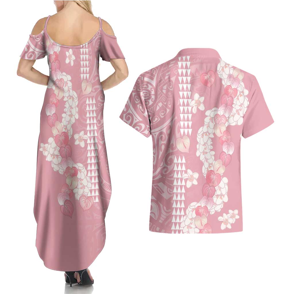 Soft Pink Hawaii Anthurium Plumeria Lei Couples Matching Summer Maxi Dress and Hawaiian Shirt