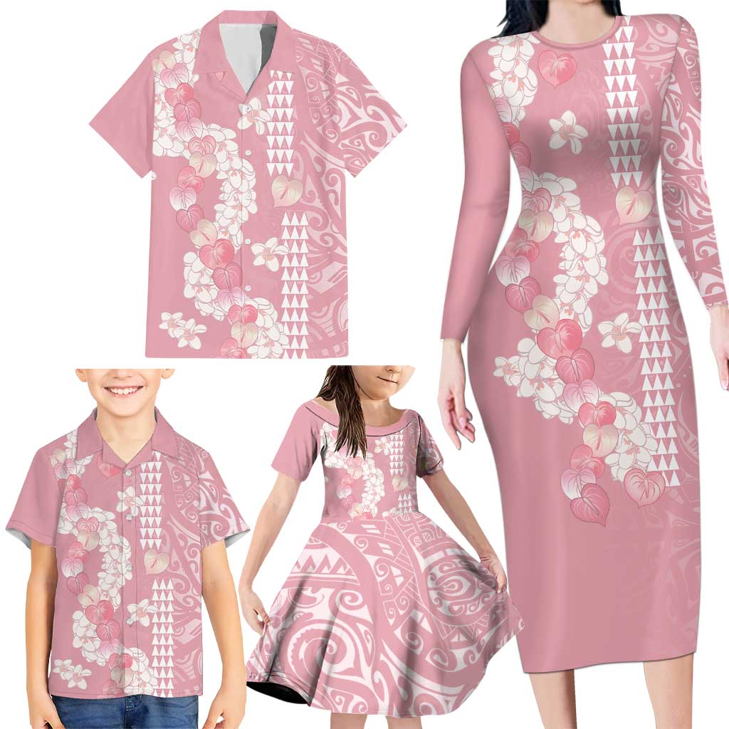 Soft Pink Hawaii Anthurium Plumeria Lei Family Matching Long Sleeve Bodycon Dress and Hawaiian Shirt LT9 - Polynesian Pride